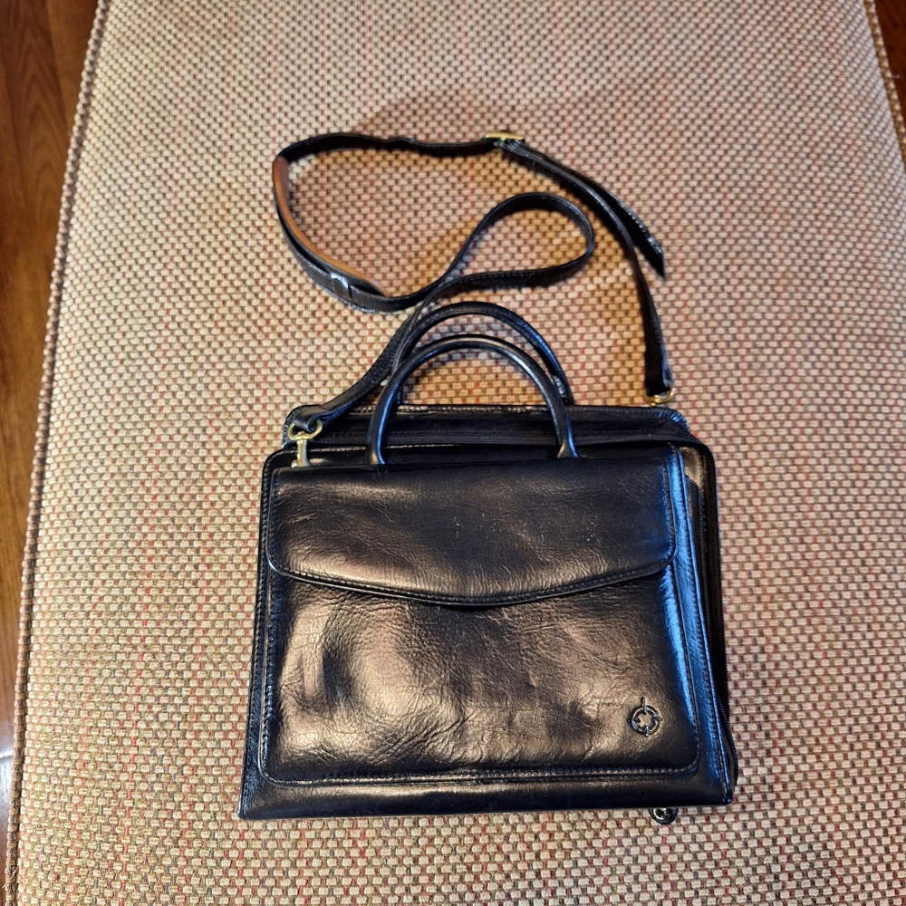 Franklin Covey Black Leather Vintage Messenger Crossbody Bag